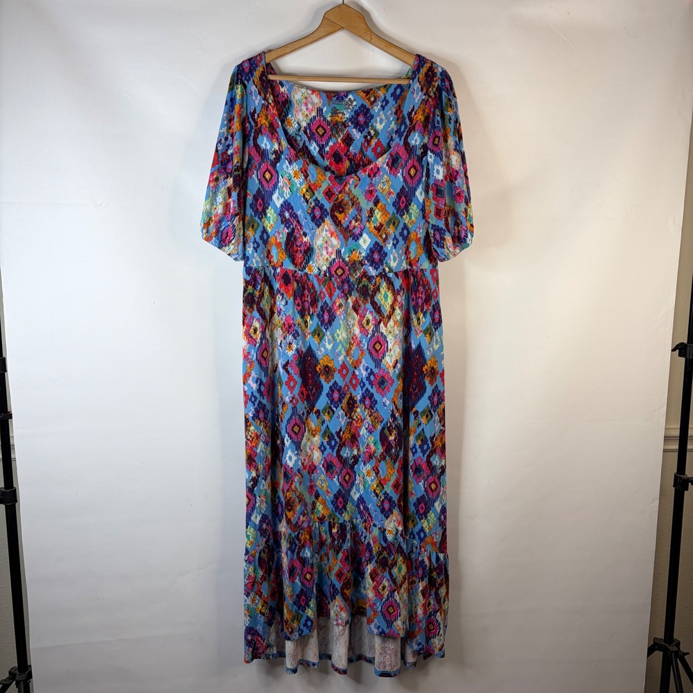 Terra & Sky Maxi Dress Women 0X 14W Blue Multi Ikat Print High Low Ruffle Hem